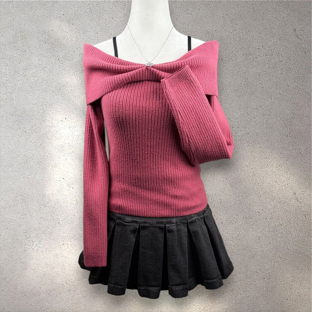 Francesca's Sandra Off Shoulder Sweater Women's S Dark Pink Rib Knit Cottage Y2K